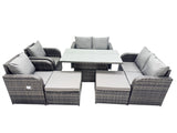 Fimous 8 seater Patio Height Adjustable Rising Lifting Table Sofa Sets Rattan Garden Furniture Dining Set with 2 Big Footstool Dark Grey Mixed