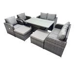 Fimous 8 seater Patio Height Adjustable Rising Lifting Table Sofa Sets Rattan Garden Furniture Dining Set with 2 Big Footstool Dark Grey Mixed