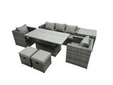 Fimous Rattan Garden Furniture Set Rising Adjustable Dining Table Lounge Sofa Set With Foostools Dark Grey Mixed Extra Side High Tall Coffee Tea Table