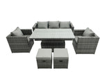 Fimous Rattan Garden Furniture Set Rising Adjustable Lifting Dining Table Lounge Sofa Set With Foostools Dark Grey Mixed