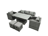 Fimous Rattan Garden Furniture Set Rising Adjustable Lifting Dining Table Lounge Sofa Set With Foostools Dark Grey Mixed