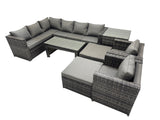 Fimous 8 Pieces Outdoor PE Rattan Garden Furniture Corner Sofa Oblong Coffee Table Set with Cushions Chair 2 Big Footstools Side Table Dark Grey Mixed