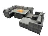 Fimous Rattan Garden Furniture Dining Set 10 seater Gas Firepit Dining Table Corner Sofa Set with 2 Big Stools Dark Grey Mixed
