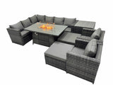 Fimous Rattan Garden Furniture Dining Set 10 seater Gas Firepit Dining Table Corner Sofa Set with 2 Big Stools Side Table Dark Grey Mixed