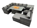 Fimous Rattan Garden Furniture Dining Set 9 seater Gas Firepit Dining Table Corner Sofa Set with Big Stool Side Table Dark Grey Mixed