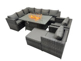 Fimous Rattan Garden Furniture Dining Set 9 seater Gas Firepit Dining Table Corner Sofa Set with Big Stool Dark Grey Mixed
