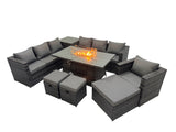Fimous 10 Seater Garden Outdoor Rattan Furniture Set Patio Corner Sofa Gas Firepit Dining Table with Side Table 3 Stools Dark Grey