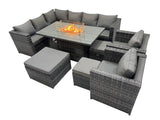Fimous Rattan Garden Furniture Dining Set 11 seater Gas Firepit Dining Table Corner Sofa Set with 3 Stool Dark Grey Mixed