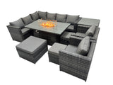 Fimous Rattan Garden Furniture Dining Set 11 seater Gas Firepit Dining Table Corner Sofa Set with 3 Stool Side Table  Dark Grey Mixed