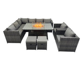 Fimous Rattan Garden Furniture Dining Set 10 seater Gas Firepit Dining Table Corner Sofa Set with 2 Small Stool Dark Grey Mixed