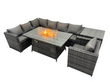 Fimous Rattan Garden Furniture Dining Set 7 seater Gas Firepit Dining Table Corner Sofa Set with Side Table Dark Grey Mixed