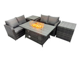 Fimous 4 seater Patio Gas Firpit Dining Table Sofa Sets Rattan Garden Furniture Dining Set with 2 Side Tables Dark Grey Mixed