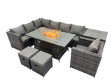 Fimous Rattan Garden Furniture Dining Set 9 seater Gas Firepit Dining Table Corner Sofa Set with Side Table 2 Small Stool Dark Grey Mixed