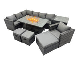 Fimous Rattan Garden Furniture Dining Set 10 seater Gas Firepit Dining Table Corner Sofa Set with Side Table 3 Stool Dark Grey Mixed