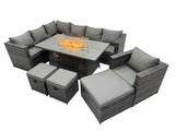 Fimous Rattan Garden Furniture Dining Set 10 seater Gas Firepit Dining Table Corner Sofa Set with 3 Stool Dark Grey Mixed