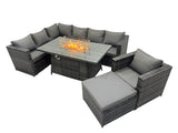 Fimous Rattan Garden Furniture Dining Set 8 seater Gas Firepit Dining Table Corner Sofa Set with Big Stool Dark Grey Mixed
