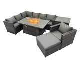 Fimous Rattan Garden Furniture Dining Set 8 seater Gas Firepit Dining Table Corner Sofa Set with Big Stool Side Table Dark Grey Mixed