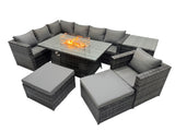 Fimous Rattan Garden Furniture Dining Set 9 seater Gas Firepit Dining Table Corner Sofa Set with 2 Big Stools Side Table Dark Grey Mixed