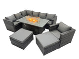 Fimous Rattan Garden Furniture Dining Set 9 seater Gas Firepit Dining Table Corner Sofa Chair Set with 2 Big Stools Dark Grey Mixed