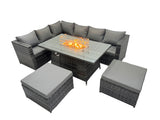 Fimous Rattan Garden Furniture Dining Set 8 seater Gas Firepit Dining Table Corner Sofa Set with 2 Big Stools Dark Grey Mixed