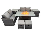 Fimous 6 seater Patio Gas Firpit Dining Table Sofa Sets Rattan Garden Furniture Dining Set with 2 Side Tables 2 Small Stools Dark Grey Mixed