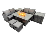 Fimous 6 seater Patio Gas Firpit Dining Table Sofa Sets Rattan Garden Furniture Dining Set with 2 Side Tables 2 Small Stools Dark Grey Mixed