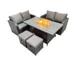 Fimous 6 seater Patio Gas Firpit Dining Table Sofa Sets Rattan Garden Furniture Dining Set with 2 Small Stools Dark Grey Mixed