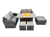 Fimous 7 seater Patio Gas Firpit Dining Table Sofa Sets Rattan Garden Furniture Dining Set with 3 Stools Dark Grey Mixed