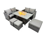 Fimous 7 seater Patio Gas Firpit Dining Table Sofa Sets Rattan Garden Furniture Dining Set with 3 Stools Dark Grey Mixed