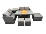 Fimous 7 seater Patio Gas Firpit Dining Table Sofa Sets Rattan Garden Furniture Dining Set with 3 Stools Side Table Dark Grey Mixed