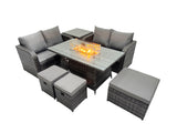 Fimous 7 seater Patio Gas Firpit Dining Table Sofa Sets Rattan Garden Furniture Dining Set with 3 Stools Side Table Dark Grey Mixed