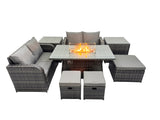 Fimous 7 seater Patio Gas Firpit Dining Table Sofa Sets Rattan Garden Furniture Dining Set with 3 Stools 2 Side Tables Dark Grey Mixed