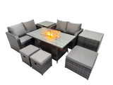 Fimous 7 seater Patio Gas Firpit Dining Table Sofa Sets Rattan Garden Furniture Dining Set with 3 Stools 2 Side Tables Dark Grey Mixed