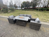 Fimous 5 Seater Outdoor PE Rattan Garden Furniture Gas Fire Pit Dining Table Lounge Sofa 2 PC Armchairs Dark Grey Mixed Patio
