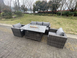 Fimous 5 Seater Outdoor PE Rattan Garden Furniture Gas Fire Pit Dining Table Lounge Sofa 2 PC Armchairs Dark Grey Mixed Patio