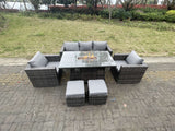 Fimous Outdoor PE Rattan Garden Furniture Gas Fire Pit Dining Table Lounge Sofa 2 PC Armchairs 2 PC Footstools Dark Grey Mixed Patio