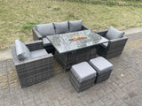 Fimous Outdoor PE Rattan Garden Furniture Gas Fire Pit Dining Table Lounge Sofa 2 PC Armchairs 2 PC Footstools Dark Grey Mixed Patio