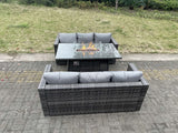 Fimous 6 Seater Outdoor PE Rattan Garden Furniture Gas Fire Pit Dining Table Set Lounge Sofa Three Seater Sofa Dark Grey Mixed Patio