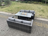 Fimous 6 Seater Outdoor PE Rattan Garden Furniture Gas Fire Pit Dining Table Set Lounge Sofa Three Seater Sofa Dark Grey Mixed Patio