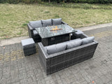 Fimous Outdoor PE Rattan Garden Furniture Gas Fire Pit Dining Table Lounge Sofa 2 PC Footstools Dark Grey Mixed Patio
