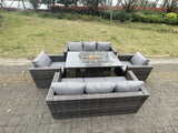 Fimous 8 Seater Outdoor PE Rattan Garden Furniture Gas Fire Pit Dining Table Set Lounge Sofa 2 PC Armchairs Dark Grey Mixed Patio