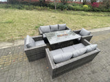 Fimous 8 Seater Outdoor PE Rattan Garden Furniture Gas Fire Pit Dining Table Set Lounge Sofa 2 PC Armchairs Dark Grey Mixed Patio