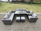 Fimous 10 Seater Outdoor PE Rattan Garden Furniture Gas Fire Pit Dining Table Set Lounge Sofa 2 PC Armchairs With 2 Stools Dark Grey Mixed Patio
