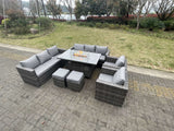 Fimous 10 Seater Outdoor PE Rattan Garden Furniture Gas Fire Pit Dining Table Set Lounge Sofa 2 PC Armchairs With 2 Stools Dark Grey Mixed Patio
