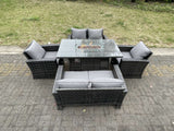 Fimous Rattan Outdoor Furniture Gas Fire Pit Rectangle Dining Table Gas Heater Chairs Two Seater Love Sofa Sets 6 Seater