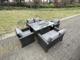 Fimous Rattan Outdoor Furniture Gas Fire Pit Rectangle Dining Table Gas Heater Chairs Two Seater Love Sofa Sets 6 Seater