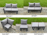 Fimous 8 Piece L-shaped Garden Furniture Set 9-Seater Aluminium Outdoor Dining Set with Adjustable Rising Lifting Dining Table 2 Small Footstools Dark Grey