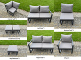 Fimous L-shaped Garden Furniture Set 12-Seater Aluminium Outdoor Dining Set with Adjustable Rising Lifting Dining Table 3 Footstools 2 Chairs Dark Grey
