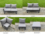 Fimous 8 Pieces Aluminium Garden Furniture Set with Cushions, Patio Furniture Set with Adjustable Rising Lifting Dining Table Big Footstool Dark Grey