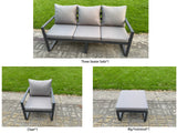 Fimous Aluminium Garden Furniture Set 4 Piece Aluminium Lounge Seating Adjustable Rising Lifting Dining Table Set with Cushions Big Footstool Dark Grey